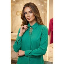 Crystalia Kolye Detaylı Yeşil Kadın Gömlek