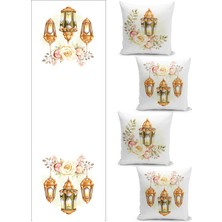 Filamente Ramazan Temalı Dörtlü Kırlent Kılıfı ve Runer Seti / Çift Taraflı Dijital Baskılı