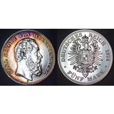 Banknoting Replika Almanya-Württemberg 5 Mark 1874 Çok Nadir Paranın 2013 Tarihli Kopyası. Gümüş Kaplama 33 Mm. Çilaltı++