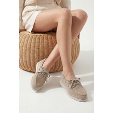 Marjin Kadın Hakiki Deri Bağcıklı Ip Detaylı Loafer Günlük Ayakkabı Mistor Bej Süet