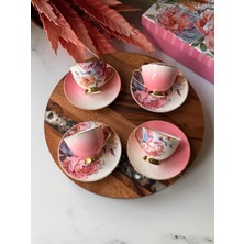 Rossev Porselen Türk Kahve Fincanı Takımı Peonia 6 Kişilik – Pembe Çiçek Desenli 90 ml