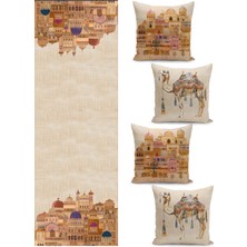 Filamente Ramazan Temalı Dörtlü Kırlent Kılıfı ve Runer Seti / Çift Taraflı Dijital Baskılı