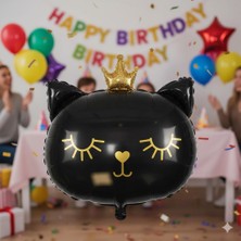 Dodomar 30 Inç Siyah Kedi Kafası Taçlı Folyo Balon - Doğum Günü Parti Dekorasyon Balonu