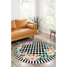 Nova Deco Mackenzie Tarzı Dama Desenli Çiçekli Yuvarlak Halı - Kaymaz Taban Yıkanabilir Mutfak Salon Halısı