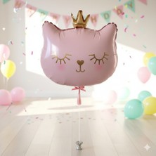 Dodomar 56X49 cm Pembe Kedi Kafası Taçlı Folyo Balon 30 Inç - Doğum Günü Parti Dekorasyon Balonu