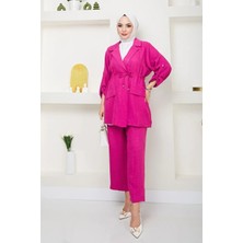 Tesettür Diyarı Beli Bağlamalı Ceket ve Pantolon Yazlık Keten Takım- Pembe