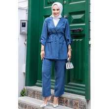 Tesettür Diyarı Beli Bağlamalı Ceket ve Pantolon Yazlık Keten Takım- Indigo