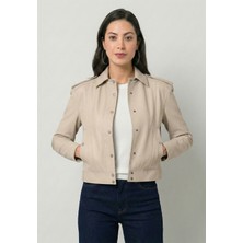 Felix Hardy Kadın Siyah Hakiki Deri Çıtçıt Düğmeli Kısa Ceket - Bej