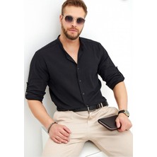 COLVİ'S MAN Erkek Siyah Keten Slim Fit Hakim Yaka Kol Katlamalı Gömlek