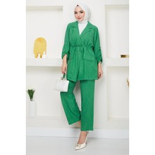 Tesettür Diyarı Beli Bağlamalı Ceket ve Pantolon Yazlık Keten Takım- Yeşil