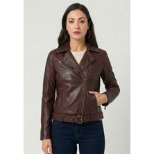 Felix Hardy Kadın Slim Fit Çapraz Fermuarlı Deri Ceket - Bordo