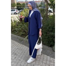 Tesettür Diyarı Rahat Kesim Sofya Keten Kimono Takım-Lacivert