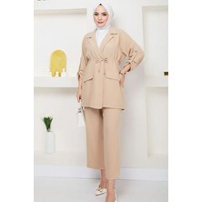 Tesettür Diyarı Beli Bağlamalı Ceket ve Pantolon Yazlık Keten Takım- Bej