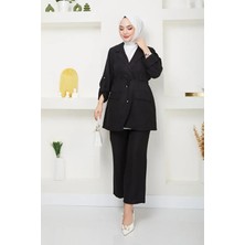 Tesettür Diyarı Beli Bağlamalı Ceket ve Pantolon Yazlık Keten Takım- Siyah