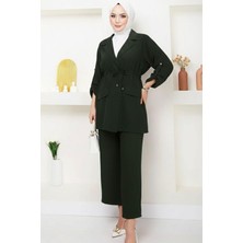 Tesettür Diyarı Beli Bağlamalı Ceket ve Pantolon Yazlık Keten Takım- Haki