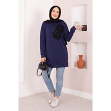 Cvn Çiçek Nakışlı Oyşo Tesettür Tunik Lacivert