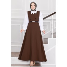 Md Düğme Detaylı Kemerli Tesettür Jile Kahve