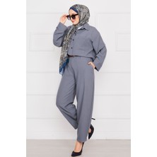 Md Cep Detaylı Keten Tesettür Takım Gri