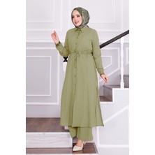 Asm Belden Bağlamalı Pantolonlu Tesettür Takım Fıstık Yeşili