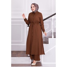 Asm Belden Bağlamalı Pantolonlu Tesettür Takım Kahve