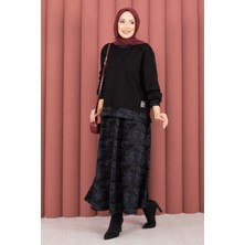 Nz Modern Desen Garnili Tesettür Etekli Takım Siyah