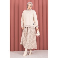 Nz Modern Desen Garnili Tesettür Etekli Takım Bej