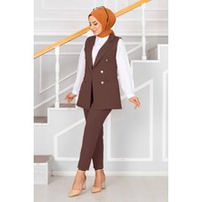 HP Mendil Yaka Detaylı Tesettür Yelek Takım Kahve