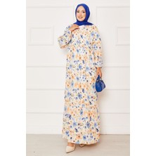 Mlk Yarım Düğme Detaylı Çiçek Desenli Elbise İndigo