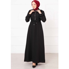 Asm Yarım Fermuarlı Fırfır Detaylı Tesettür   Elbise Siyah