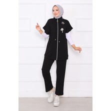 Md Taş İşlemeli Fermuarlı Yelek Takım Siyah