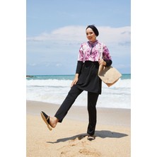 Md Yarım Fermuarlı Palmiye Desen Tesettür Mayo Mor