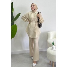Tesettür Diyarı Kadın Balon Kol Bağcık Detaylı Ikili Takım-Krem