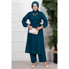 Md Yanları Yırtmaçlı İkili Tesettür Takım Petrol