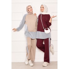 Cvn Önü Asimetrik Çizgi Garnili İkili Takım Bej