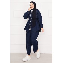 Md Cep Detaylı Belden Bağcıklı Tesettür Kot Takım Lacivert