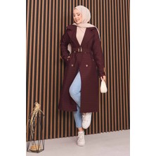 Md Kruvaze Yaka Kemerli Tesettür Kapitone Trençkot Bordo