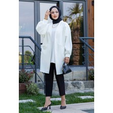 Cvn Yanları Cepli Atlas Tesettür Ceket Beyaz