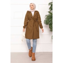 Md Kruvaze Yaka Kuşaklı Relax Trençkot Taba