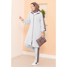 DF Leopar Şeritli Fermuarlı Oyşo Takım Gri