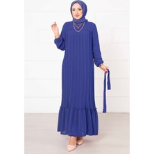 Pol Kuşaklı Piliseli Şifon Tesettür  Elbise Mavi