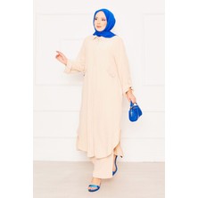 Md Kolları Katlanabilir Cepli Uzun Tunik Pantolon İkili Tesettür Takım Krem