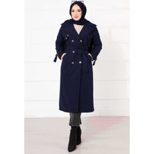 OC Rahat Kalıp Kruvaze Düğme Detaylı Kolları Ayarlanan Trençkot Lacivert