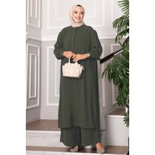 Md Yarım Düğmeli Uzun Tesettür İkili Takım Haki