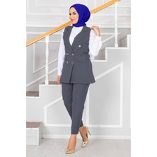 HP Mendil Yaka Detaylı Tesettür Yelek Takım Gri