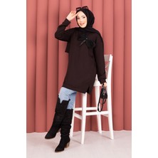 Cvn Fiyonk Detaylı Taş Işlemeli Oyşo Tesettür Tunik Kahve