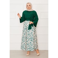 Asm Gömleği Kendinden Kuşaklı Geniş Kol Etekli Takım Zümrüt