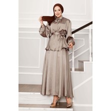 Md Beli Büzgülü Kuşak Detaylı Saten Etekli Takım Vizon