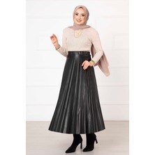 MKS Kiloş Piliseli Deri Etek Siyah