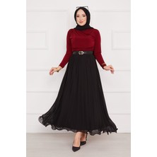 Kç Altı Volanlı Piliseli Tesettür Etek Siyah