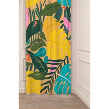 Greendecor Çiçekler Yaprak Çizgili Bohem Desenli Özel Tasarım Dijital Baskılı (Tek Kanat) Modern Şık Fon Perde
